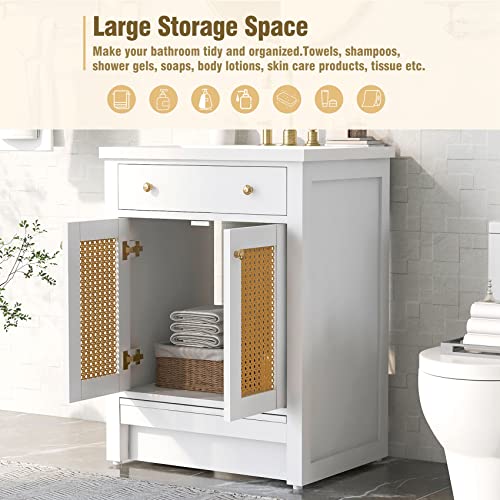 Bnsply 24 Inch Bathroom Vanity With Sink Combo, White Bathroom Cabinet With Resin Sink And Pull-Out Footrest, Freestanding Bathroom Vanity And Single Sink Set With Rattan Door And Solid Wood Frame #TOP2