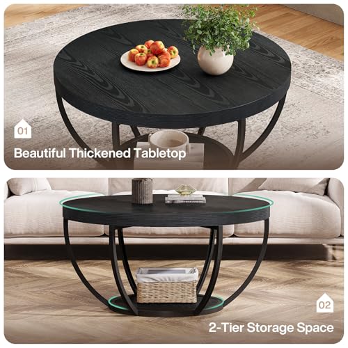 Image of Tribesigns Round Coffee Table with Storage, 31.7 inch Black Living Room Table