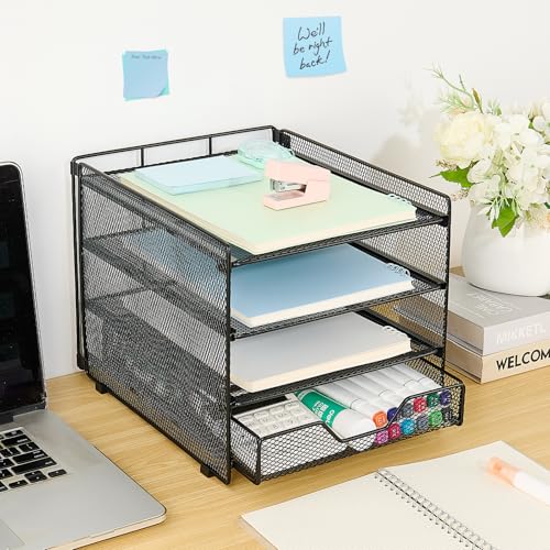 Image of OPNICE Desk Organizer, 4-Tier Desktop File Organizer with Drawer, Office Desk Accessories, File Sorters, Workspace Organizers for Office Supplies(Black Upgraded)