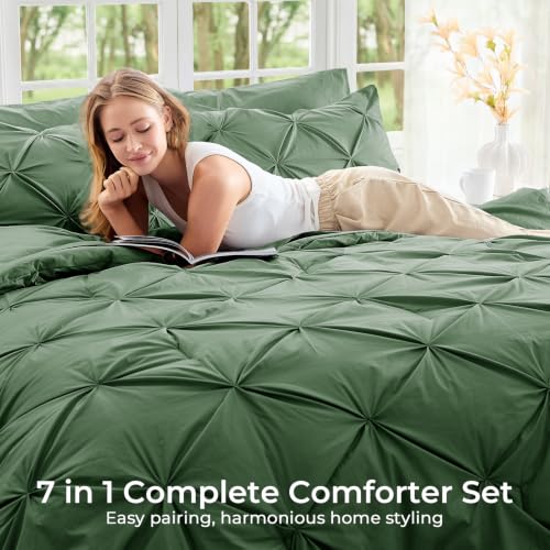 Image of Sasttie Queen Comforter Set, 7-Piece Bed in a Bag, Pintuck Bedding Sets for All Season, Includes Comforter, Flat Sheet, Fitted Sheet, Pillowcases and Pillowshams, Forest Green