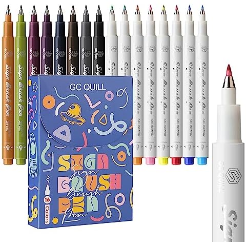 GC QUILL Sign Brush Pens - 16 Colors Sign Pens Calligraphy Set with Fude Sign Brush Tips for Hand Lettering, Calligraphy, Drawing, Writing, Journaling GC-SB16 Cover