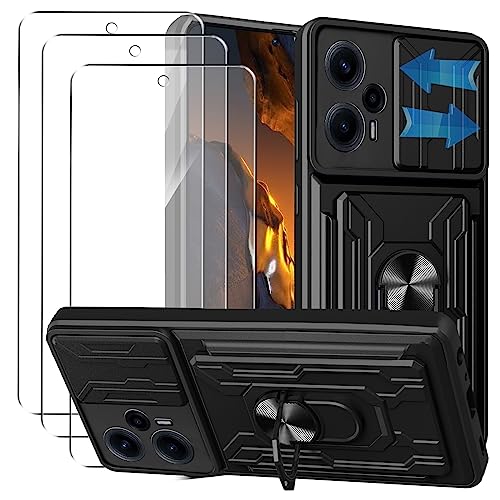 KZIOACSH Funda Xiaomi Poco F5 + 3× Cristal Templado,[Tapa Deslizante para la cámara] Anti-Choque con 360 Grados Magnetic Anillo Hard PC y Silicona TPU Bumper antigolpes Case,Negro