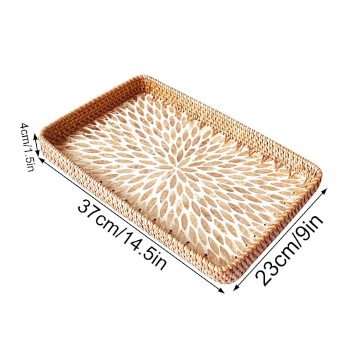 Hocadrv Tablett Rattan Dekotablett VintageTablett aus Rattan Rechteckiger Tablett Servierbrett Serviertablett für Badezimmer Wohnzimmer Garten(37 × 23 × 4 cm)