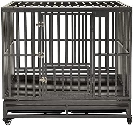 KELIXU 42” Heavy Duty Dog Crate Large Dog Cage Metal Dog Kennels and Crates for Large Dogs Indoor Outdoor with Locks, Lockable Wheels and Removable Tray, Easy to Install, Black