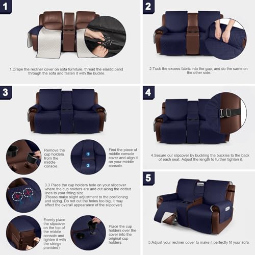 Image of KinCam 100% Waterproof Recliner Loveseat Cover with Console, Non-Slip Reclining Couch Covers for 2 Seat, Recliner Sofa Cover Furniture Protector with Elastic Straps for Kids, Pets, Dark Blue