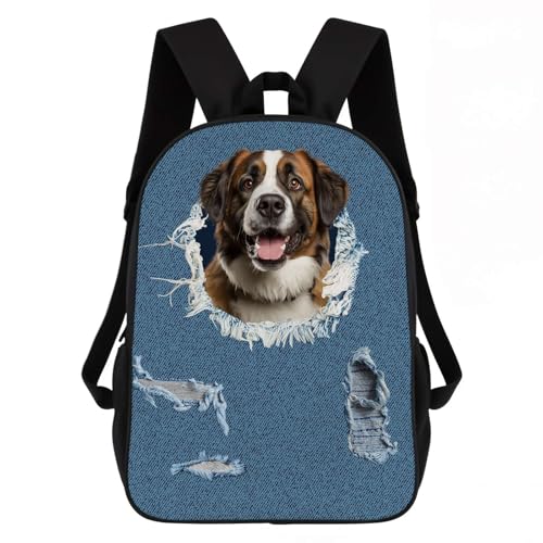 Dog Backpack - Saint Bernard Dog with Ripped Denim Pattern Decor Casual Backpack for Travel, School & Daily Use | Lightweight Durable Design with Laptop Compartment (17
