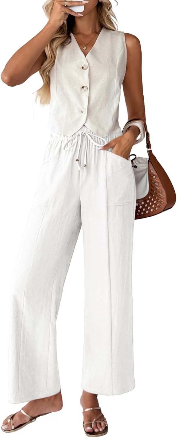 Acelitt Womens Linen Pants Drawstring Elastic Waist Casual Wide Leg Pants Beach Trousers with Pockets - Image 8