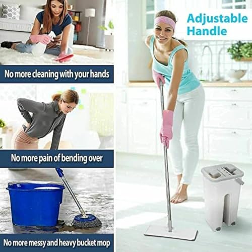 Image of Mop Heavy Quality Floor Mop with Bucket, Flexible Kitchen tap Flat Squeeze Cleaning Supplies 360 Flexible Head /2 Reusable Pads Clean Home Floor Mop Cleaners