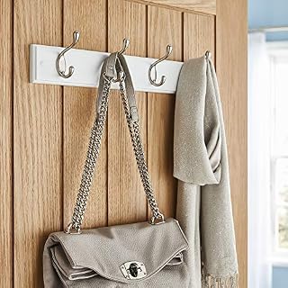Direct Online Houseware Quality Heavy Duty Double Coat Hooks Wall Or Door Mountable White Wooden Board with Free Fixings (4 Hooks)