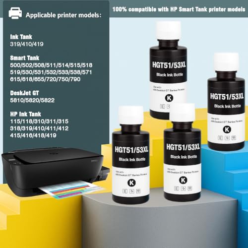 Image of KOSH Refill Ink Bottle Compatible for HP Deskjet 5810,5811,5820,5821,5822, Inktank Wireless 310,315,316,319,410,415,416,419,Smart Tank 115,500,510,515,516,720,750,790 Printers (GT53XL 135MLx 4)
