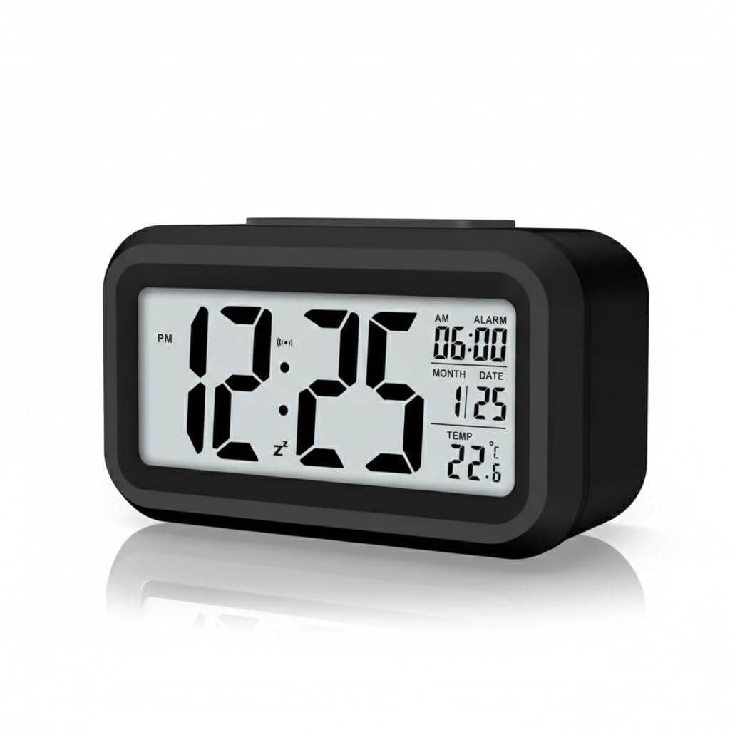 Rorian Digital Alarm Clock – Large LCD Display with Smart Backlight, Indoor Temperature, Date & Calendar, Battery Operated Portable Desktop Clock for Bedroom, Travel, and Office (Black)