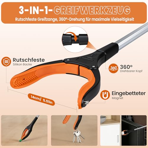 bemece 2 Stück Greifzange für Senioren mit Magnet, 83cm Müllzange mit 360° Drehbarer Kopf, Faltbare Greifer für Senioren, Gartenarbeit und Behinderung (Orange+ Blau)