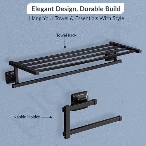Image of Plantex 304 Grade Stainless Steel Bathroom Accessories Set of 5 - Towel Stand /Napking Holder /Soap Holder /Toothbrush Stand /Robe Hanger - Squaro (Black)