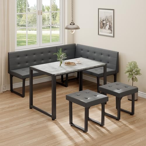 Yechen Corner Dining Table Set with Upholstered Banquette, 70 Inch 5-Piece Kitchen Breakfast Nook Table Set, Space Saving, Grey(Table, Bench, Dining Stools)