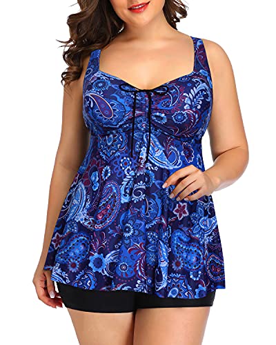 Yonique Tankini-Badeanzüge in Übergröße, für Damen, fließender Badeanzug mit Shorts, 2-teiliger V-Ausschnitt, Blue Paisley 02 Cover