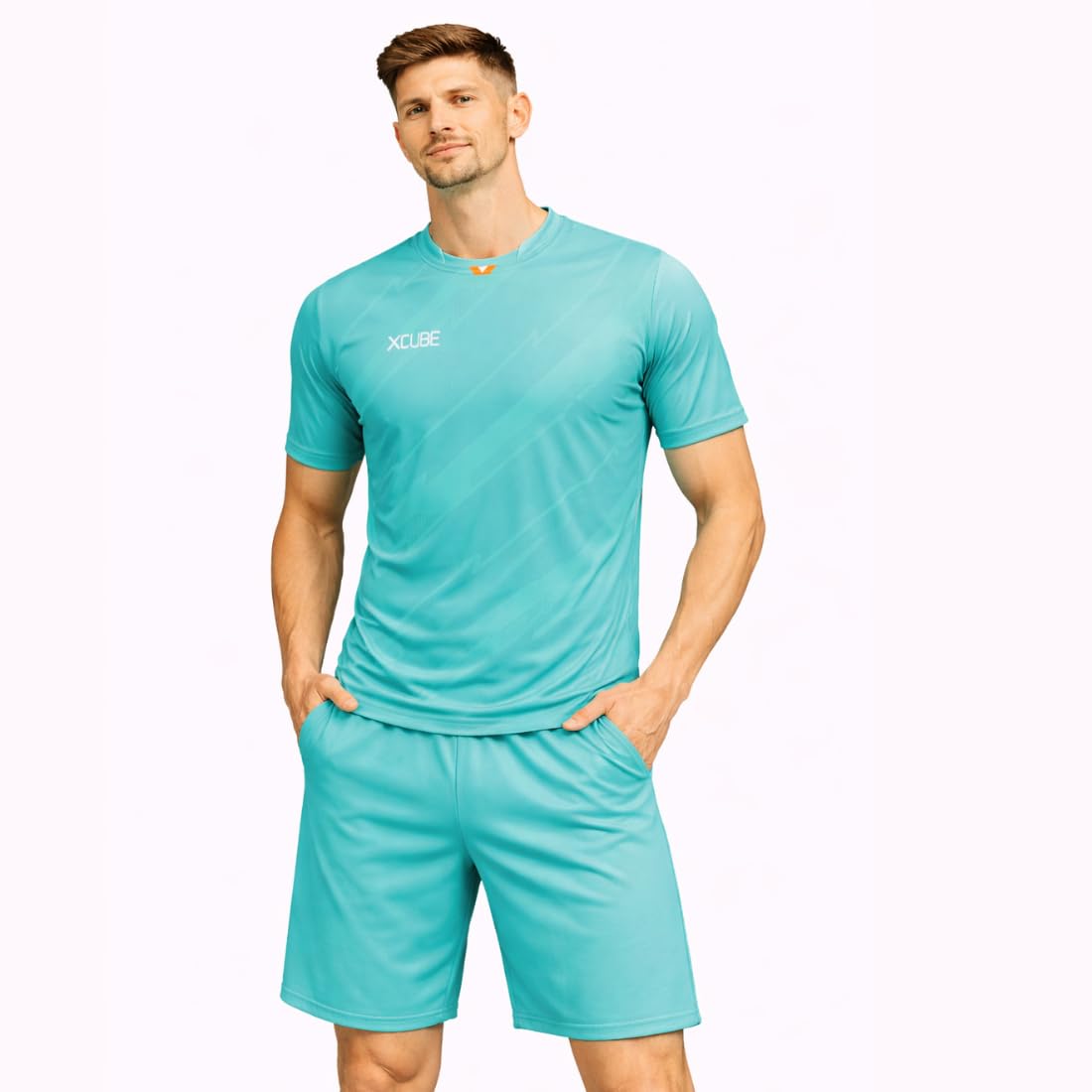 Men's Athletic T-Shirt and Shorts Set, Aqua Blue, Graphic Pattern, Sports Jersey-image-2