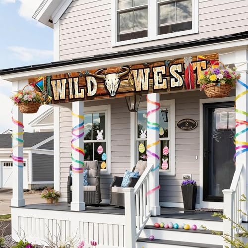 Image of 78.7 x 17.7 Inch Wild West Banner Cowboy Theme Party Yard Decorations Rustic Wood Bull Skull Summer Outdoor Decor Fence Sign
