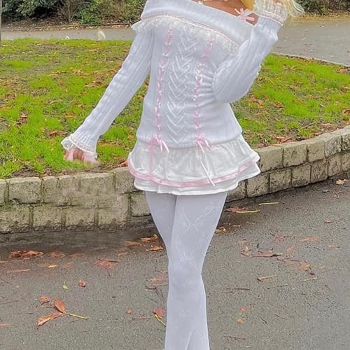 Y2k Off The Shoulder Sweater for Women Lolita Cute Bow Front Lace Trim Knit Pullover Kawaii Long Sleeve Jumper Tops3