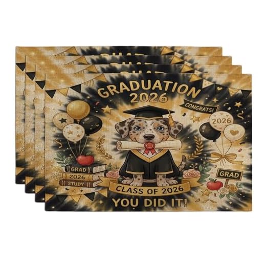 Catahoulas Leopard Dog Congrats Grad Placemats Set of 4, 12x18 Inch, Gold Black Graduation 4Pcs Table Mats for Home Dinning, Graduation Holiday Party Kitchen Print Pattern Decor