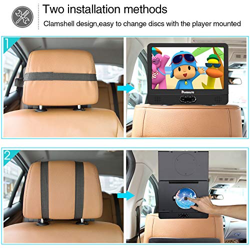 NAVISKAUTO 12 inch Portable DVD/CD Player Dual Screen, Headrest Video Player with Rechargeable Battery, Last Memory and USB/SD Card Reader
