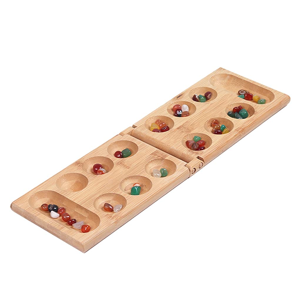zalati Mancala Board Game with Folding Wooden Board Natural Stone Strategic Game for Friends Family Adult