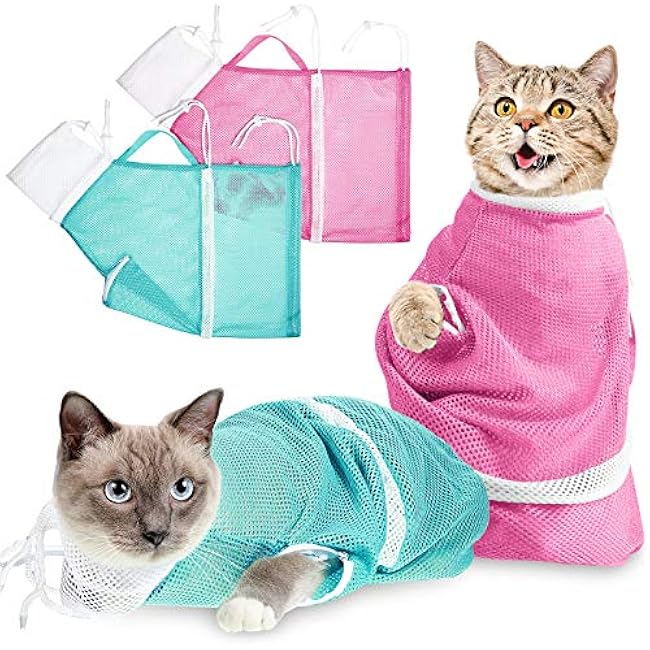 Shappy 2 Pcs Cat Bathing Bag Adjustable Cat Grooming Net Bag Breathable Anti Bite Anti Scratch Restraint Net for Pet Wash, Nail Trimming, Pet Examination, Ears Clean(Pink, Green)-TLGJwqW9