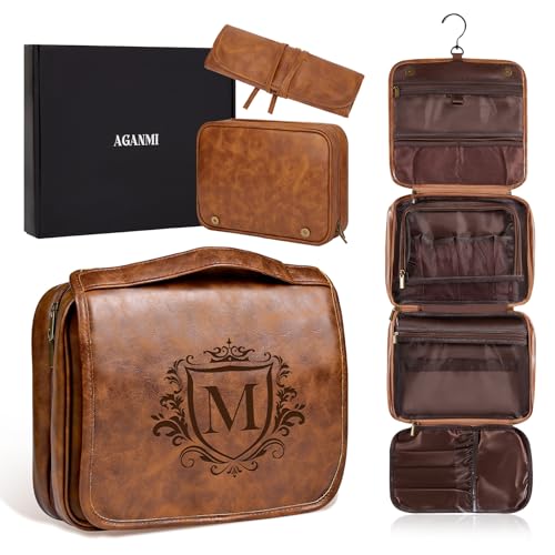 Aganmi Personalized Hanging Toiletry Bag Travel Gifts for Men Him 3-in-1 Large Laser-Engraved Initial Waterproof PU Leather Shaving Bag Valentines Birthday Gift for Men Dad Husband Light Brown M