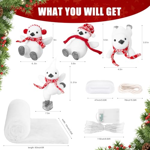 Christmas Stairs Decorations Set with 4PCS Skiing Penguin & Artificial Snow & LED Lamp Belt, for Home Interior Staircase Christmas Decorations