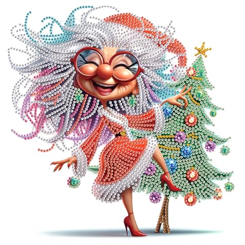 Image of Christmas Diamond Art Painting Kits for Adults, 5D Special Shape Diamond Art Kits for Beginners, Crystal Rhinestones Diamond Painting for Home Wall Decoration Gift 12x12 inch, Christmas Tree Granny