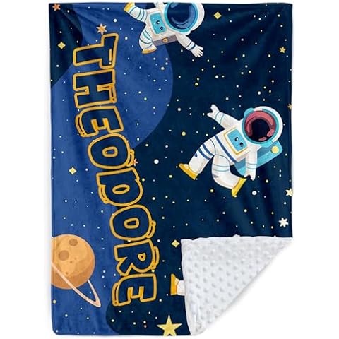 Personalized Baby Blanket for Boys, Custom Name Swaddle Blankets for Babies Newborn Toddler, Double Layered Cute Spaceman Cotton Nursery Blanket, Soft Baby Receiving Blanket, Gifts for Infant Kids Cover