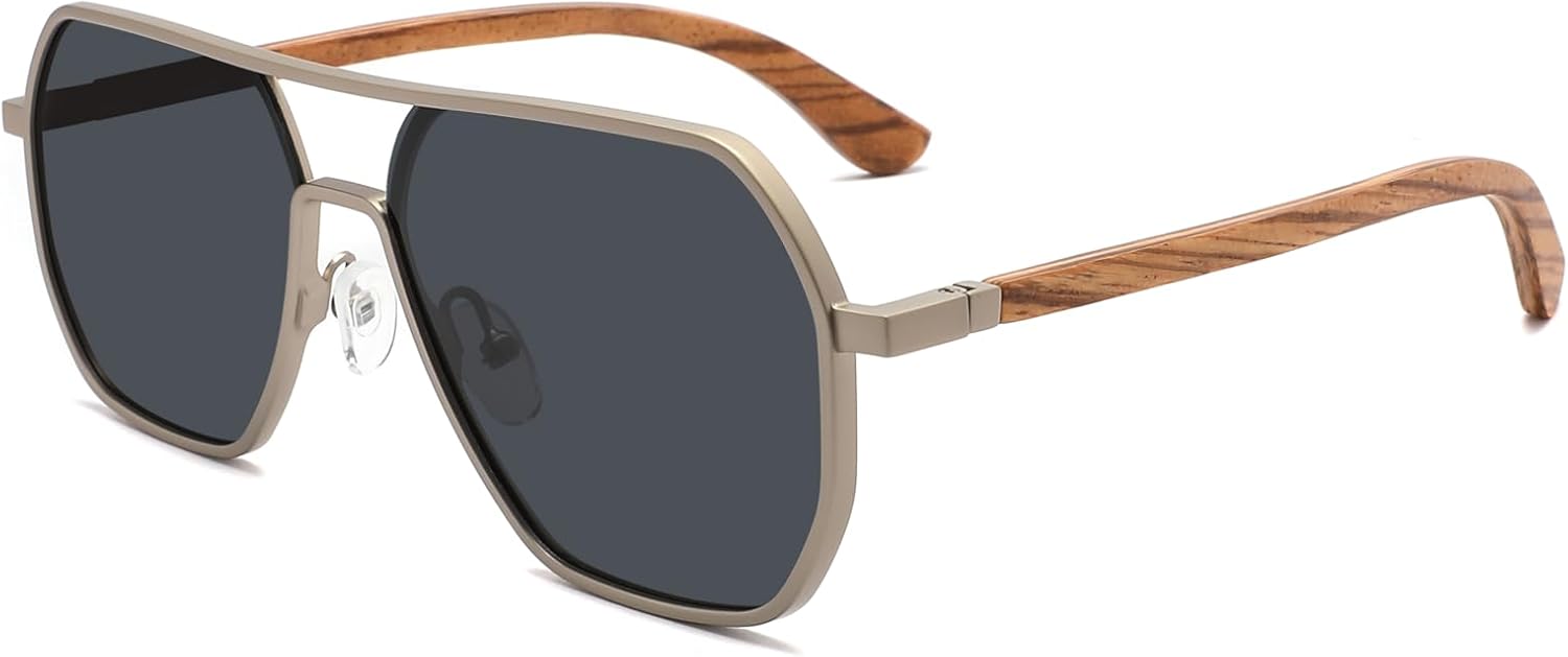 Technigadgets Gab Aviator Wooden Sunglasses Metal Frame Double Bridge Polarized Shades Men's Gift UV400 Outdoor Fashion Eyewear Silver/Brown