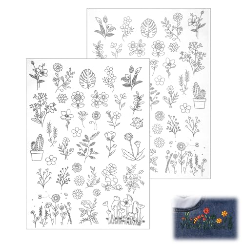 72PCS Water Soluble Embroidery Patterns, Stick and Stitch Embroidery Paper Wash Away Wildflower Hand Sewing Patterns Dissolvable Transfer Embroider Pattern Flower Daisy Designs for Jean Bag T-Shirt