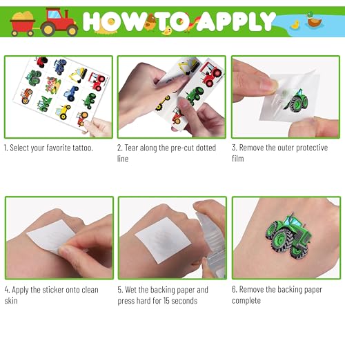 Image of 120 PCS Tractor Farm Farmhouse Pre-Cut Temporary Tattoos for Kids | Super Cute Theme Birthday Party Favors, Supplies, Decorations, Green Red Fake Tattoo Stickers (Multiple)