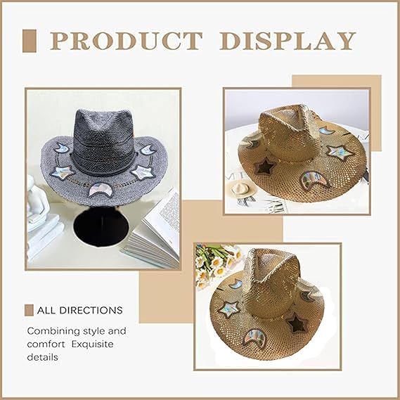 Suncatcher Cowgirl Straw Prism Hat, Handwoven Western Wide Brim Hat with Rainbow Moon & Stars for Women4
