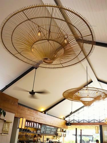 Image of Bamboo Hanging Light for Balcony | Ratten Lamp Shade for Living Room | Cane Indoor Outdoor Light | Ceiling Hanging Light for Decoration | Style Umberella` (Dia-24 inch)