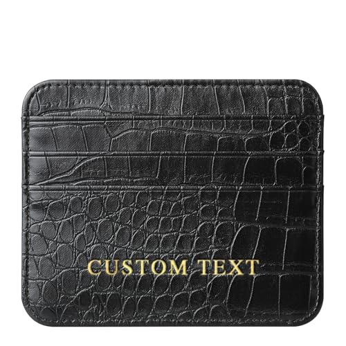 CUSTPERS Custom Card Holder, Gold or Silver Initials Double-sided Credit Cardholder Wallet, PU Leather Credit Card Holder Card Protector, Gift for Men or Women (Crocodile Pattern-Black)