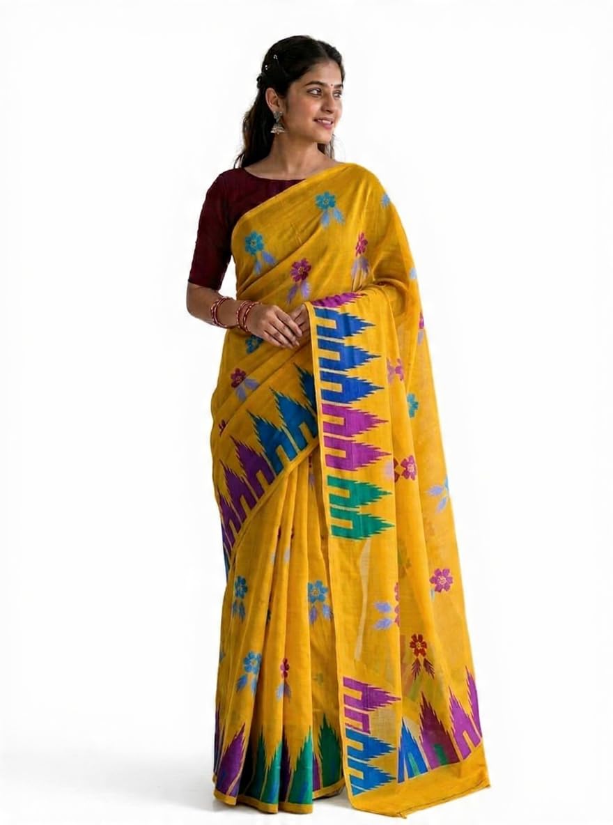 Yellow Cotton Saree with Floral and Ikat Border Design | Multicolour Border, Floral Motifs,Traditional Weave, Women's Ethnic Wear-image-37