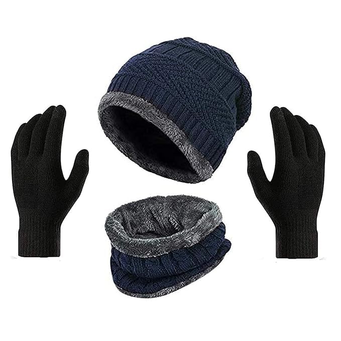TRUFLAIR Winter Knit Beanie Cap Hat Neck Warmer Scarf and Woolen Gloves Set for Men & Women (3 Piece) Ultra Soft Unisex Woolen Beanie Cap Plus Muffler Scarf Gloves Set (BLUE)