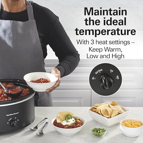 Image of Hamilton Beach 7 Quart Slow Cooker With Space-Saving Folding Handles | 3 Heat Settings | Dishwasher Safe Stoneware Crock & Glass Lid | Black | 33174