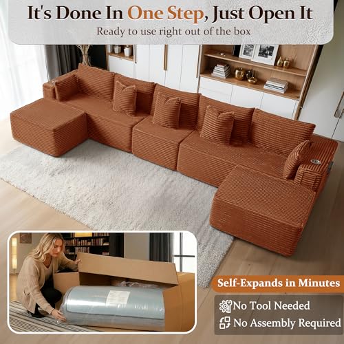 Image of 168 inch Cloud Sectional Couch, Comfort U Shaped Sofa for Living Room, Extra Deep Seats No Assembly, Minimalist Modular Couch, Corduroy (Deep Orange, 7 Seats,U-Shape A)