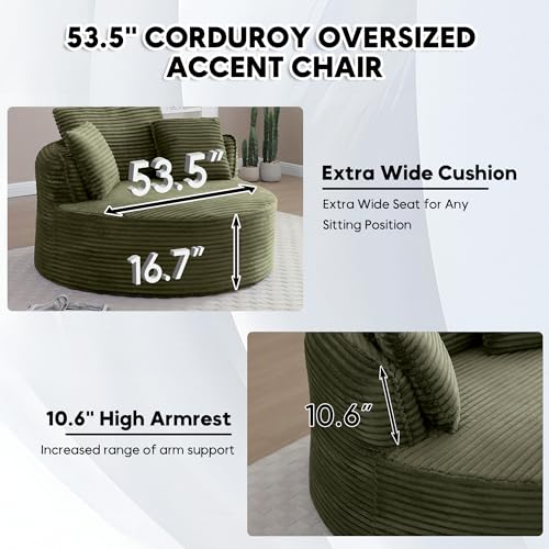 Image of Oversized Round Chair Lounge Chaise Indoor, 53.5 inch Upholstered Corduroy Deep Seat Single Cloud Sofa Chair, Fluffy Modern Large Circle Boneless Sleeper Sofa for Living Room, Bedroom, Green