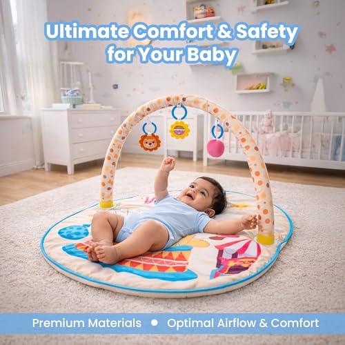 Image of Baby Play Gym & Activity Mat for Newborns | Soft Tummy Time Play Mat with Hanging Toys, Playgym for Babies Mirror & Rattle Activity Gym for Infants