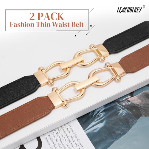 LEACOOLKEY 2 Pack Women Skinny Stretch Belts for Dress Ladies Elastic Thin Waist Belt with Gold Buckle2