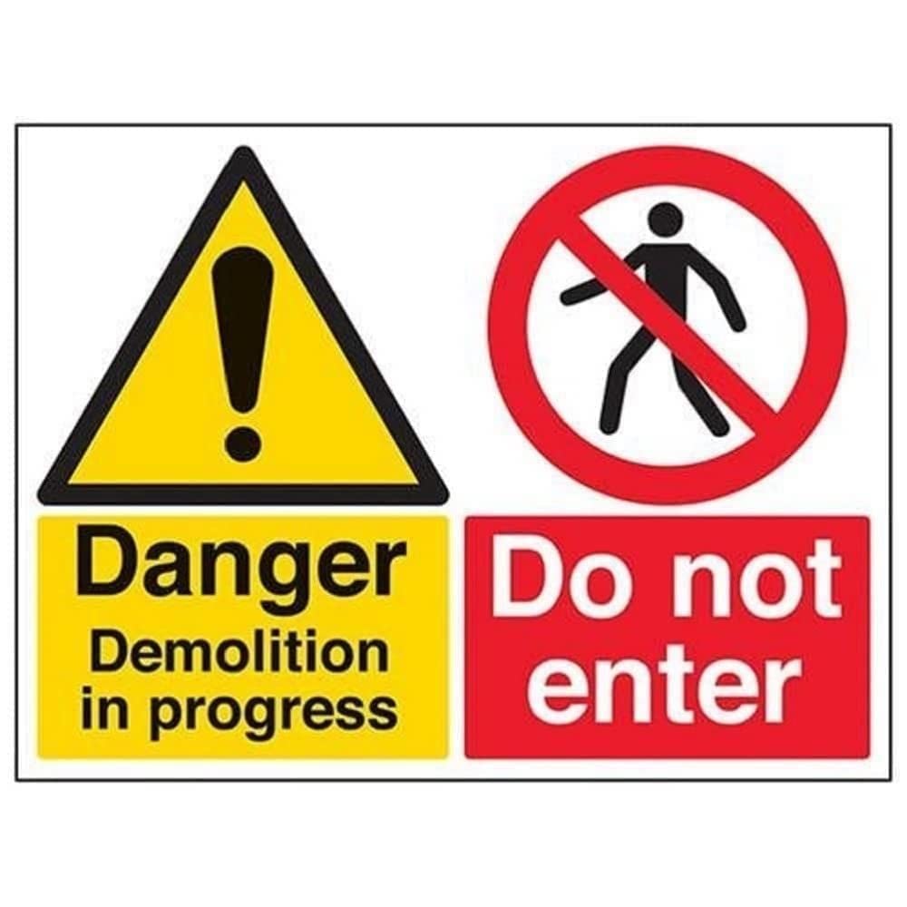 V Safety 67058BF-R Danger, Demolition In Progress. Do Not Enter Sign - Landscape - 400mm x 300mm - 1mm Rigid Plastic, Black/Red/Yellow