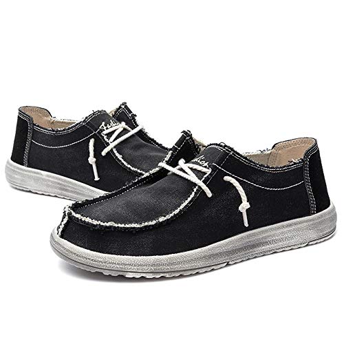 Driving Loafer for Men Boat Moccasins Lace Up Style Canvas Material Simple Casual Round Toe(Black,10 M US)3
