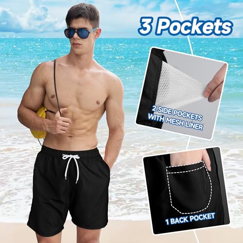 NIMeng Mens Swim Trunks Swim Shorts Swimwear Quick Dry 7’’ Swimming Trunks with Mesh Lining Black - Thumbnail 2