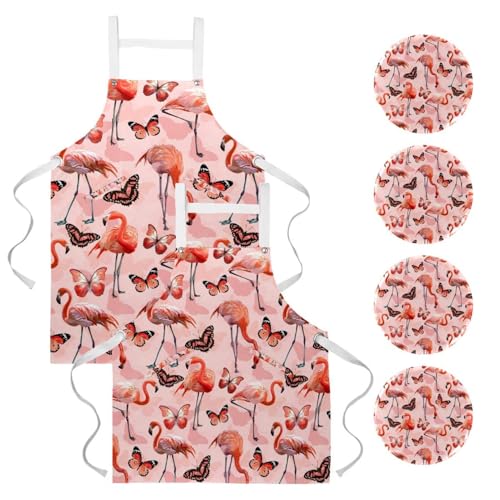Lot de 2 tabliers de cuisine à motif flamant rose et papillon avec 4 broches