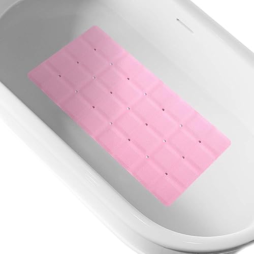 Tapete antideslizante de goma suave para baño, sin ventosas, para bañera texturizada, de silicona, ducha, bañera (rosa, 28 x 14 pulgadas)