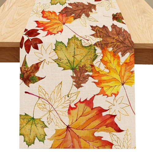 Tischläufer Herbst Herbst Tischläufer Klein Flachs Material mit Ahornblatt-Design (33 x 183cm) Orange Herbstdeko für Outdoor Party Thanksgiving Erntedankfest Hochzeit