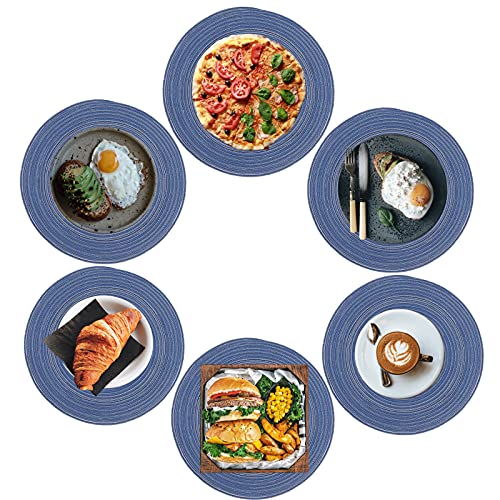 QeeFop Sets de Table, Lot de 6 Napperons Ronds Tressés Antidérapants Tressé Résistantes à la Chaleur Sets de Table pour Table à Manger Cuisine de Fête (Diamètre: 36 cm, Bleu) Cover